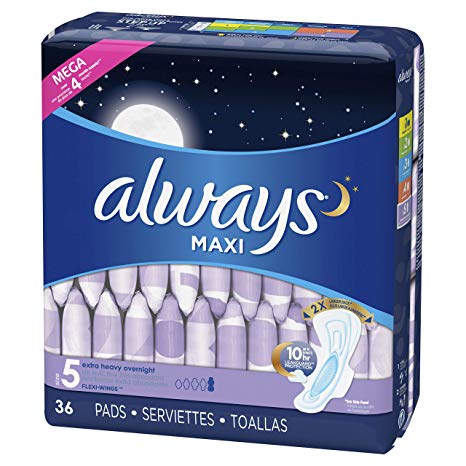 Always Maxi, Size 5, Extra Heavy Overnight Pads with Wings, Unscented, 36 Count