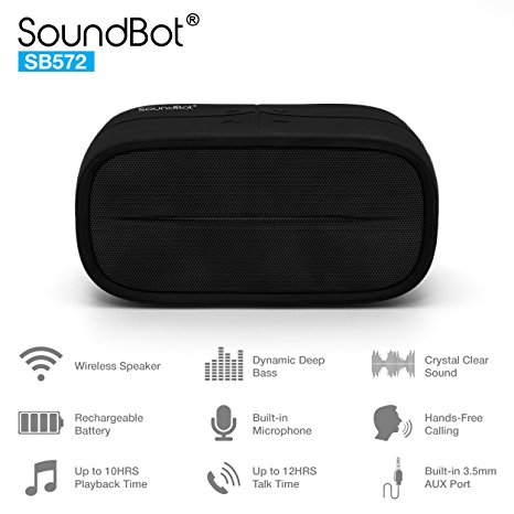 SoundBot SB572 Bluetooth 4.0 Wireless Speaker for 10hrs Music Streaming and Hands-Free Calling w 52mm Premium Driver Passive Radiator Bass, Built-in Mic Battery, 3.5mm Audio Port for Indoor Outdoor