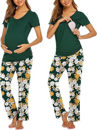 Ekouaer Women's Maternity Nursing Pajamas Set Breastfeeding Sleepwear Double Layer Short Sleeve Top & Pants Pregnancy PJS