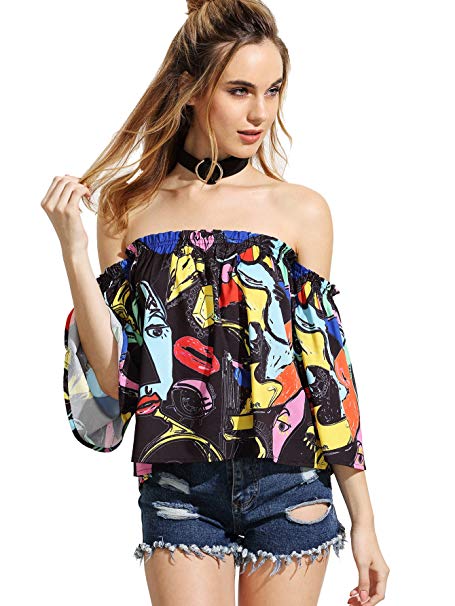 Romwe Women's Off Shoulder Cute Loose Blouse Crop Top(One Size)