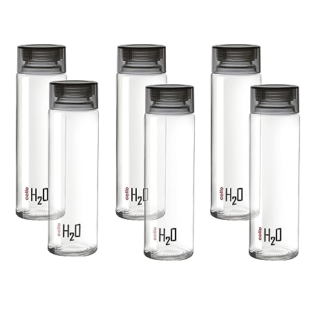 Cello H2O Glass Fridge Water Bottle with Plastic Cap, Set of 6, 920ml, Black