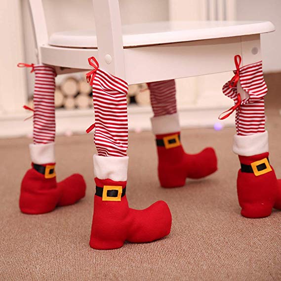 YJBear Set of 4 pcs Christmas Table Chair Leg Cover Santa Claus Striped Novelty Christmas Dinner Table Decoration Xmas Party Decoration Red