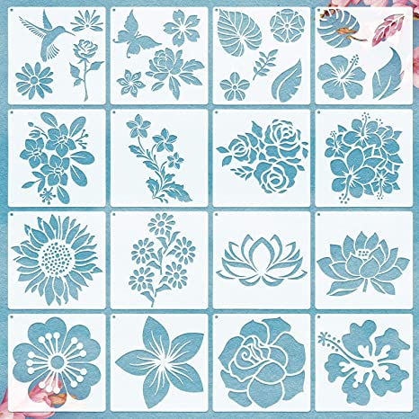 16 Pieces Flower Stencil Rose Sunflower Stencil Spring Summer Stencil Template Bird Leaf Drawing Template Reusable Painting Stencil and Metal Open Ring for Painting on Wood Wall Decor (5.1 x 5.1 Inch)