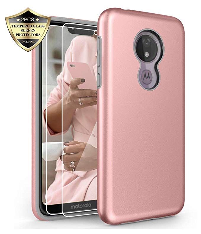 Androgate Moto G7 Power Case, with Tempered Glass Screen Protector, Hybrid Matte Protective Back Cover Bumper for Motorola G7 Supra for Women/Girls, Pink