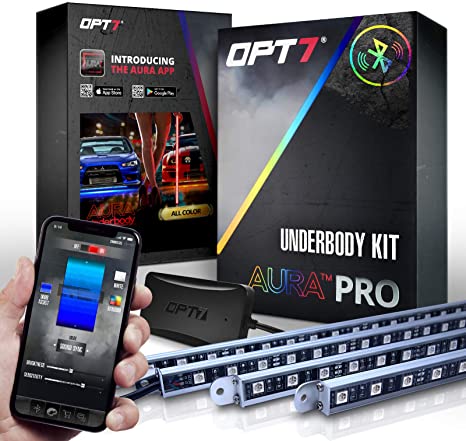 OPT7 Car Aura PRO LED Underglow Bluetooth Lighting Kit with SoundSync Music-4 Rigid Aluminum Waterproof Glow Bars-iOS & Android Enabled
