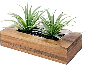 MyGift 10 Inch Artificial Green Grass Plants in Deluxe Acacia Solid Wood Decorative Planter Pot, Faux Greenery in Rectangular Wooden Container