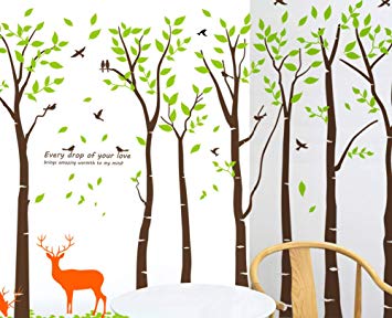Mix Decor Tree Wall Decal - 7 Trees Wall Sticker Large Family Forest for Livingroom Kid Baby Nursery Room Deer Wooland Decoration Party Birthday Gift,118x83 Inch Coffee   Green