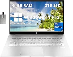 HP Envy 17.3" FHD Laptop, Intel Core i7-1260P, 64GB RAM, 2TB SSD, Backlit Keyboard, Intel Iris Xe Graphics, Fingerprint Reader, Webcam, Windows 11 Pro, Silver, 32GB Hotface USB Card (Renewed)