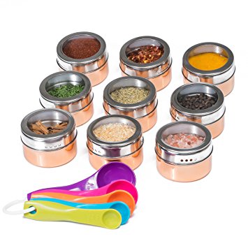 Nellam Spice Rack Magnetic Storage Jars for Spices - 9pcs Stainless Steel and Copper - Bronze Gold Colored Kitchen Containers with Clear Top - Organizer Tins Kit include a Measuring Spoon Set
