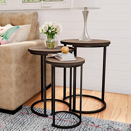 Lavish Home 80-FNT-4 Round Nesting Set of 3, Modern Woodgrain Look with Black Base for Living Room Coffee Tables or Nightstands-Accent Home Furniture