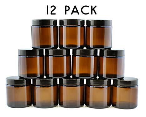 4-Ounce Amber Glass Straight Sided Jars (12-Pack); Great Containers for Cosmetics, Lotions, Body Scrubs & Balms