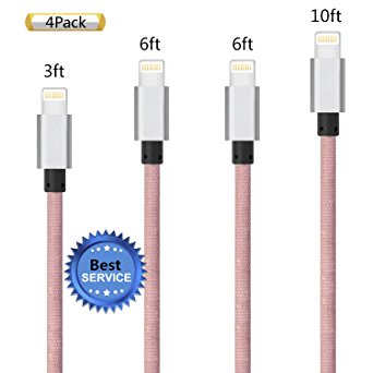 iPhone Cable SGIN, 4Pack 3FT 6FT 6FT 10FT Nylon Braided Cord Lightning Cable Certified to USB Charging Charger for iPhone 7,7 Plus,6S,6s Plus,6,6plus,SE,5S,5,iPad,iPod Nano 7 - Pink