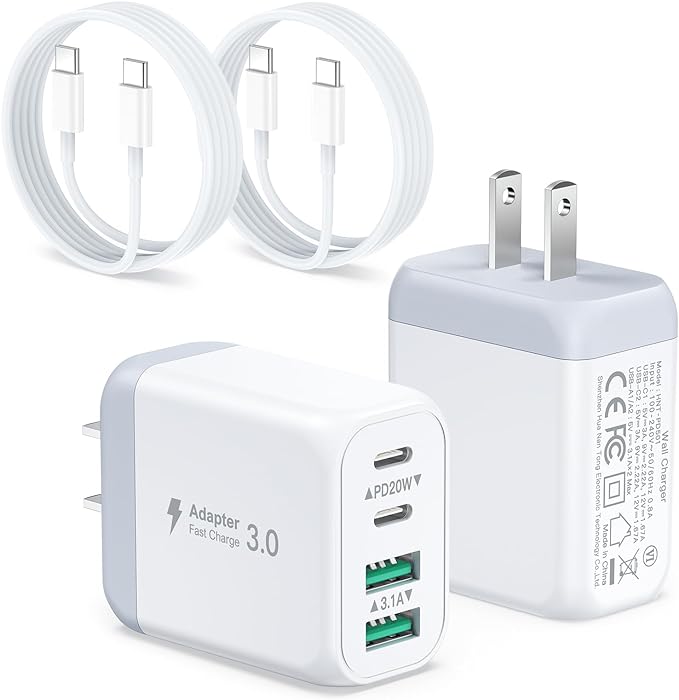 USB C Wall Charger 40W, 2-Pack 4-Port Fast Charging USB C Charger Block Dual Port PD QC Wall Plug with USB-C Cable Compatible for iPhone 15 14 13 12 11 Pro Max,iPad Pro,Samsung Galaxy,AirPods-White