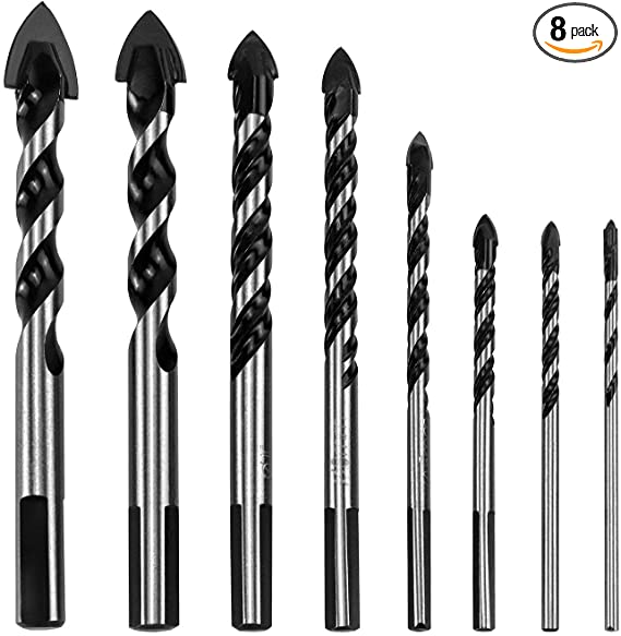 QWORK 8 Pcs Set ( 3, 4, 5, 6, 8, 10, 14, 16 mm ) Multi-Material Drill Bit Set for Tile,Concrete, Brick, Glass, Plastic and Wood Tungsten Carbide Tip Best for Wall Mirror and Ceramic Tile on Concrete and Brick Wall