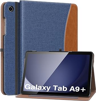 MoKo Hülle für Samsung Galaxy Tab A9 Plus 11 Zoll 2023 (SM-X210/SM-X216/SM-X218), PU Leder Mehrere Winkel Hülle mit Handschlaufe, Fronttasche Auto Schlaf/Aufwach Funktion, Denim Blau & Braun