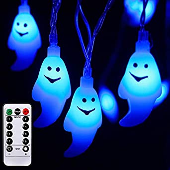 AYOGU1 8 Modes Halloween Ghost String Lights Decorations,30 LED 19.7Ft Ghost Battery Operated for Outdoor Decor,8 Modes Steady/Flickering Lights (Blue)