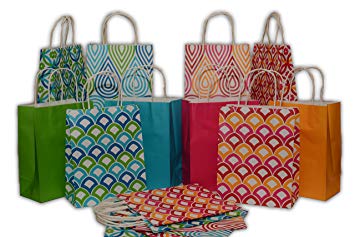 Assorted bright color Kraft paper gift bags, medium, set of 16 bags, 8" x 10" x 4"