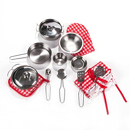 Toyerbee Pretend Play Toys - Kitchen Toys 16 Pcs Stainless Cookware Set for Young Chef Toy Pans and Pots with Cooking Utensils for Kids