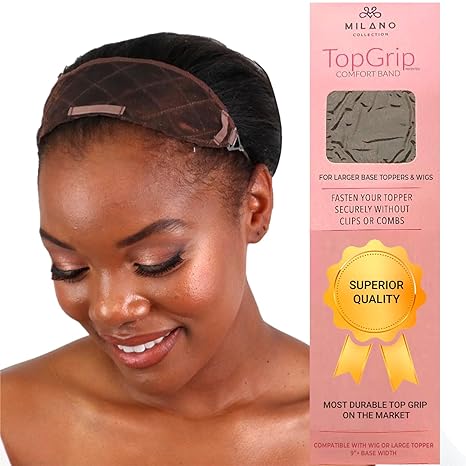 MILANO COLLECTION Top Grip: Glueless Velvet No-Slip Wig Grip Band for Toppers & Wigs, Wig Stay Head Band for Comfort & Security. Wig Grips, Wig Caps, Headbands, Silk Lace Topper, Large, Choc Brown