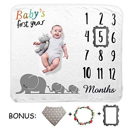 TUTUWEN Baby Monthly Milestone Blanket, Growth Blanket Photography Background Prop, Photo Memory Shower Gift for Infant Boy Girl Unisex-Includes Head Garland, Bib and Frame Marker (40''x55'')