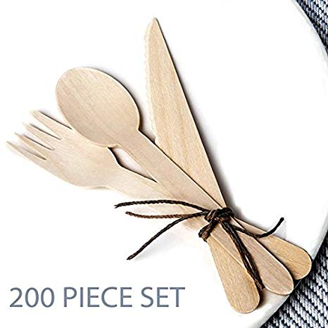 Wooden Disposable Cutlery Party Utensils - Biodegradeable and Environmentally Friendly Alternative to Plastic Knives, Forks, and Spoons - Single Use Utensils for Weddings, Parties, Picnics, BBQs