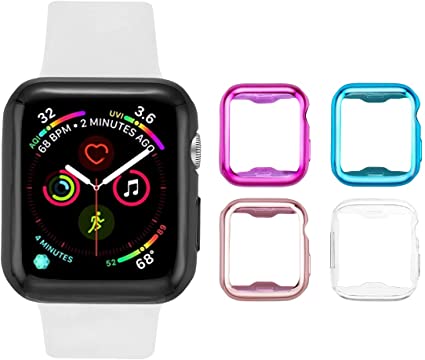 Tranesca 4 Pack 38mm Apple Watch case with Built-in HD Clear Ultra-Thin TPU Screen Protector Cover Compatible with Apple Watch Series 2 and Apple Watch Series 3 38mm - Clear Pink Blue Purple