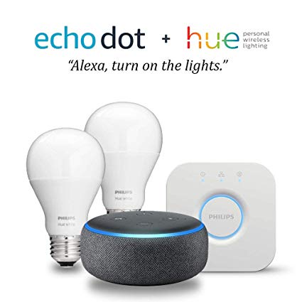 Echo Dot (3rd Gen) - Charcoal with Philips Hue White Smart Light Bulb Starter Kit