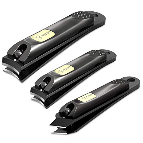 BESTOPE Nail Clippers, professional 3pcs Stainless Steel Fingernail & Toenail & Slant Edge Nail Clipper Cutter Set With Metal Case, Good Gift For Women,Men(Black)