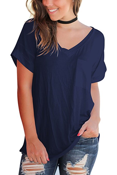 FAVALIVE Women's Short Sleeve Tops Casual V-Neck T-Shirts with Front Pocket