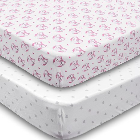 Crib Sheets - 2 Pack Fitted 100% Soft Jersey Cotton Sheet - Bedding with Pink Owls & Grey Hearts Custom Design - Fits Standard Mattress for Babies & Toddlers - Perfect Baby Shower Gift for Girls