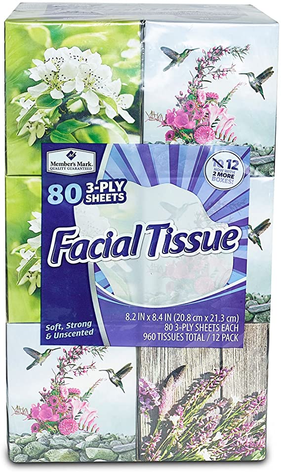 Member's Mark 3-Ply Facial Tissue, 12 Pack (80ct. per Box)