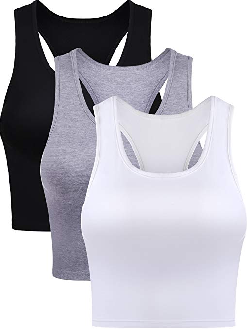 Boao 3 Pieces Cotton Basic Sleeveless Racerback Crop Tank Top Women's Sports Crop Top for Lady Girls Daily Wearing