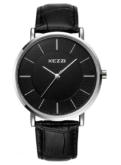 Kezzi Men's Minimalist Quartz Watch with Ultra-thin Black Dial and Calf Black Leather Strap k738