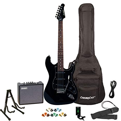 Sawtooth ST-ES-BKB-KIT-3 Black Electric Guitar with Black Pickguard - Includes Accessories, Amp, Gig Bag and Online Lesson