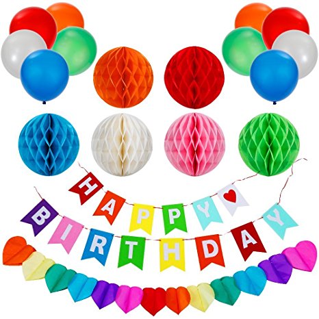 Lictin Birthday Party Decorations Favors, Happy Birthday Banner with 6 Pack Honeycomb Balls 1 Colorful Heart-shape Paper Garland and 10 Balloons, Party Supplies( Multicolor)