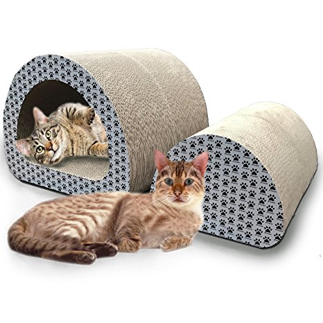 iPrimiol 2 Pack:"Cat Tunnel" & "Cat Log" - Two Large Cat Scratchers for One Price - Highest Quality Cardboard - Includes Catnip and Anti Slip Pads - Exclusive Design
