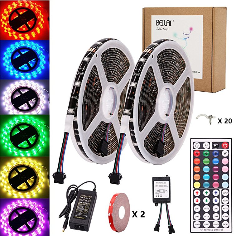LED Strip Lights Kit,BEILAI waterproof LED Light Strip black PCB 5050 DC 12V Flexible Neon Tape 32.8 Ft (10M) 30led/m with 44key RF Controller for Christmas Kicthen Party Indoor and Outdoor decoration