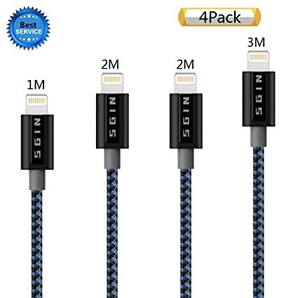 Lightning Cable, SGIN 4-Pack 1M 2M 2M 3M Nylon Braided 8 Pin Syncing and USB Cables Cord for Apple iPhone 7/7 Plus/6/6s/6s plus, 5c/5s/5/SE, iPad Mini/Air, iPod Nano/Touch(BlackBlue)