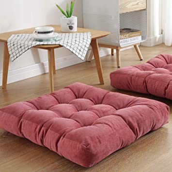 Square Floor Seat Pillows Cushions 22" x 22", Soft Thicken Yoga Meditation Cushion Pouf Tufted Corduroy Tatami Floor Pillow Reading Cushion Chair Pad Casual Seating for Adults & Kids, Rose Red