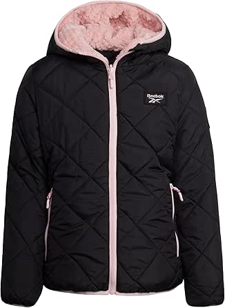 Reebok Girls' Reversible Puffer Jacket - Quilted Winter Coat with Snow Fleece Lining - Warm Hooded Jacket for Girls (7-16)