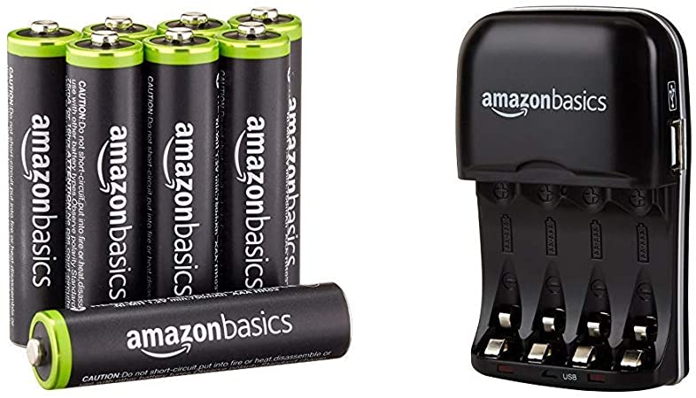 AmazonBasics AAA Pre-Charged Rechargeable Batteries 800 mAh / minimum: 750 mAh [Pack of 8] - Outer Jacket May Vary & Ni-MH AA & AAA Battery Charger With USB Port