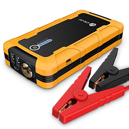 [Quick Charge In & Out] iClever 15000mAh Peak 600amp Portable Car Jump Starter BoostEngine External Power Bank with Multiple Protected Smart Clamp, 100 Lumen LED Light, Yellow (orange)