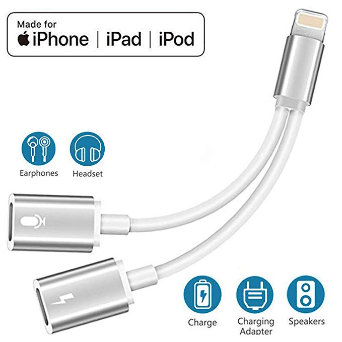 Headphone Adapter for iPhone X Adapter Audio Jack Charger Adapter for iPhone 7/7Plus/8/8Plus/X/XR/XS max 2 in 1 Earphone Audio Connector Jack Splitter Cable Accessories Support All iOS Systems