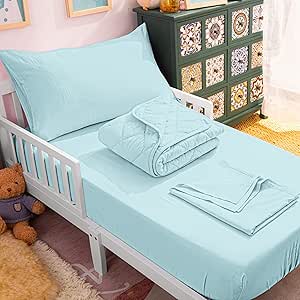 NTBAY Toddler Bedding Set - 4 Piece Soft and Breathable Crib Bedding Set for Boys and Girls, Includes Quilted Comforter, Fitted Sheet, Flat Top Sheet and Envelope Pillowcase, Aqua