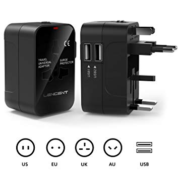 Travel adaptor, LENCENT Universal Power Adapter with UK/USA/EU/AUS Worldwide Travel Plug, 2 USB Charging Ports International Wall Adapter for Apple, iPhone, iPad, Samsung, Huawei, Android Phones, Tablets and More
