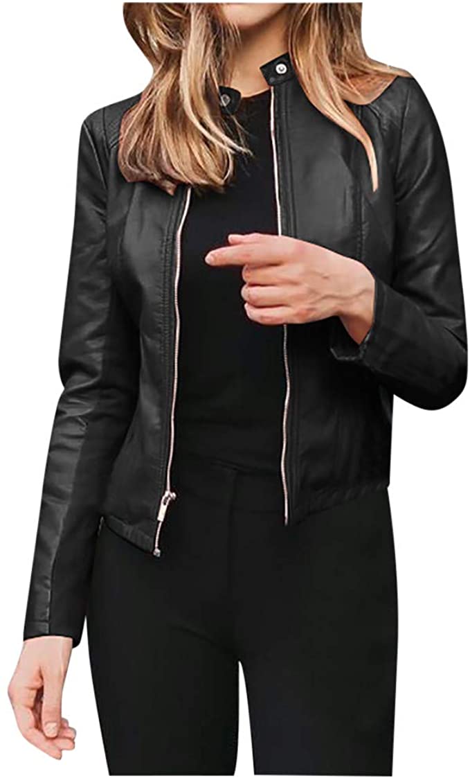 TOTOD Women Faux Leather Jackets, Zip Up Short Cardigan PU Outwear Fitted Slim Coat