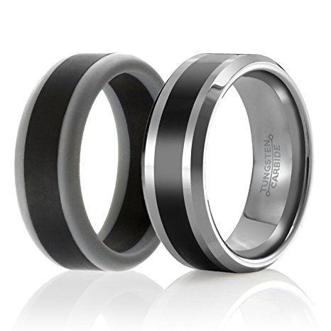 SOLEED Twins - Set of 2 - 1 Tungsten Wedding Band and 1 Silicone Rubber Wedding Ring For Men, Classic Style