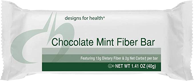 Designs for Health Chocolate Mint Fiber Bars - Food Bars with Prebiotics, 2 Net Carbs, 13g Fiber   Low Glycemic (18 Bars)