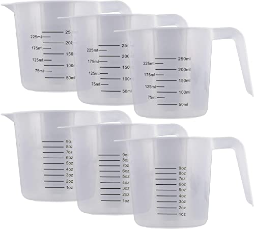 U.S. Kitchen Supply - 8 oz (250 ml) Plastic Graduated Measuring Cups with Pitcher Handles (Pack of 6) - 1 Cup Capacity, Ounce and ML Cup Markings - Measure & Mix Recipe Ingredients, Flour, Water, Oil