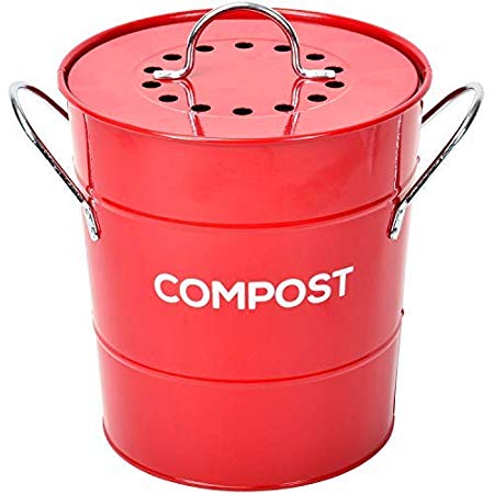INDOOR KITCHEN COMPOST BIN by Spigo, Great for Food Scraps, Includes Charcoal Filter For Odor Absorbing, Removable Clean Plastic Bucket, Handles, Durable Stainless Retro Design 1 Gallon, Red